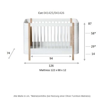 Oliver Furniture - Wood Mini+ Babybett inkl. Umbauset Juniorbett, 68x122/162 cm, Weiß / Eiche